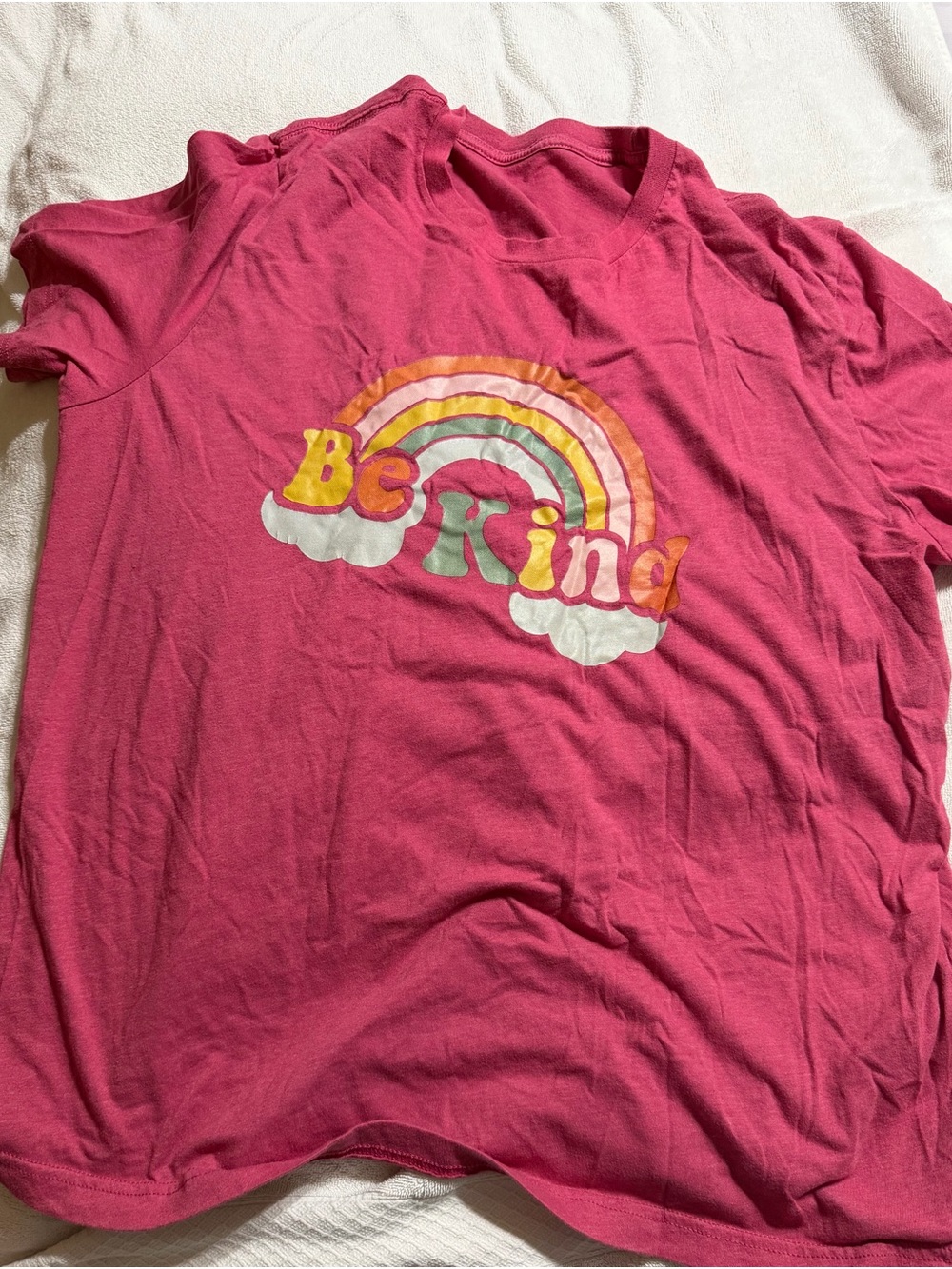 Womens Pink "Be Kind" Rainbow Graphic Tee